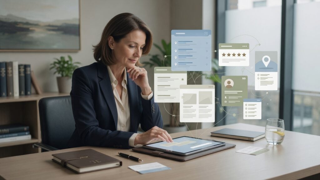 Professional advisor reviewing online trust elements including reviews, service pages, search visibility, profiles, and local business information before a referred prospect contacts the firm.