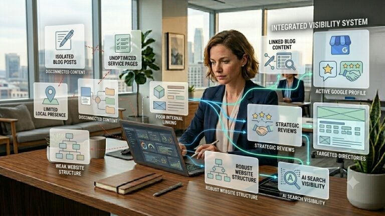 Profesional revisando piezas de contenido desconectadas y un sistema integrado de visibilidad que conecta el contenido del blog, el Perfil de Negocio de Google, las reseñas, los directorios, la estructura del sitio web, los enlaces internos y la visibilidad en la búsqueda con IA.